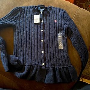 Girls navy blue Polo by Ralph Lauren cardigan with cute flare. New with tags.